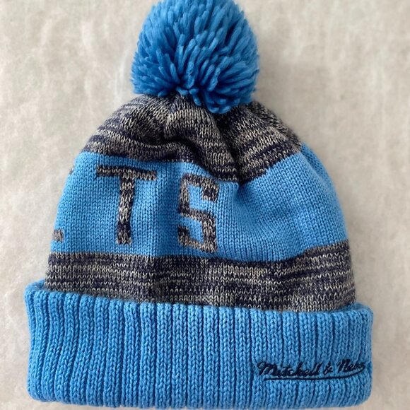 Mitchell & Ness NBA Houston Rockets Blue & Gray Cuffed Pom Pom Beanie One Size - Picture 2 of 8